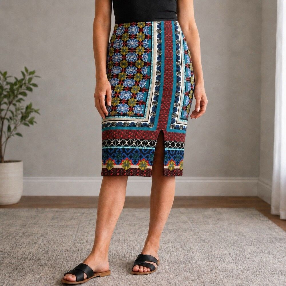 Anthropologie Maeve Midi Pencil Skirt M Multicolor Geometric Front Slit